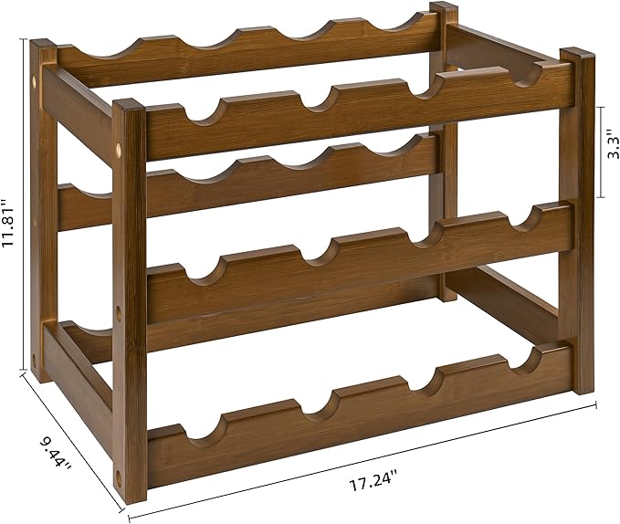 VASMIA Bamboo Wine Rack, Sturdy and Durable Wine Storage Cabinet Shelf, Wine Racks Countertop for Pantry,Kitchen,3-Tier 12 Bottles Wine Rack, Walnut