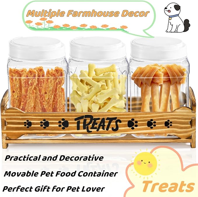 Dog Treats Container with 3 Plastic Jars, Dog Food Storage Canister with Wooden Stand, Airtight Pet Treat Holder for Dogs and Cats, Dog Snacks Treat Organizer with Scoop for Kitchen Counter