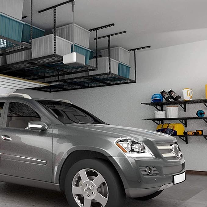 FLEXIMOUNTS 2-Piece Overhead Garage Storage Rack Set w/Hooks Adjustable Ceiling Storage Racks, 96" Length x 48" Width x 40" Height, 2 Sets, Black, Classic Series