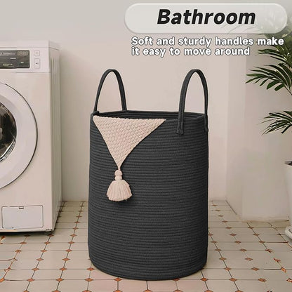 Large Woven Laundry Basket Hamper,100L Cotton Rope Storage Bin for Blankets,Toys and Clothes,Decorative Tall Nursery Hamper for Living Room,Baby Nursery,Bathroom and Bedroom,Black
