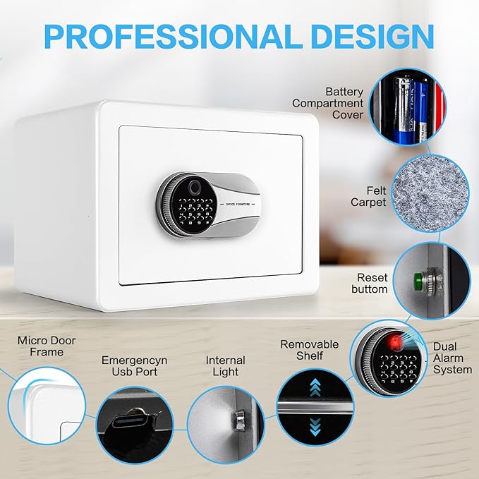 0.6 Cubic Feet Biometric Safe, Fingerprint Safe W/Fireproof Bag, Removable Shelf, Alarm System, Digital Electronic Money Box for Cash, Document, Home, Hotel Use, White, 9.84"D x 13.78"W x 9.84"H