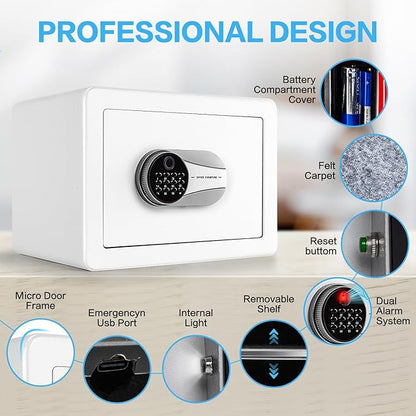 0.6 Cubic Feet Biometric Safe, Fingerprint Safe W/Fireproof Bag, Removable Shelf, Alarm System, Digital Electronic Money Box for Cash, Document, Home, Hotel Use, White, 9.84"D x 13.78"W x 9.84"H