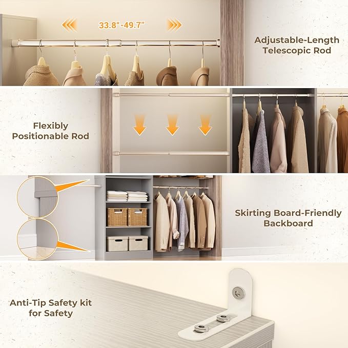 Homieasy Closet Organizer System, 4.5-10ft Modular Wooden Storage with 5 Hanging Rods & Shelving Tower, Adjustable for Walk-in Reach-in Bedroom Closets, Gray