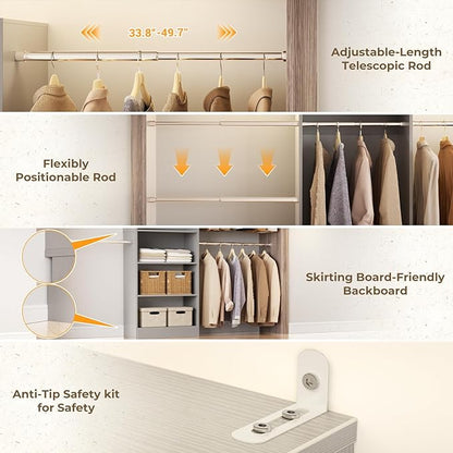 Homieasy Closet Organizer System, 4.5-10ft Modular Wooden Storage with 5 Hanging Rods & Shelving Tower, Adjustable for Walk-in Reach-in Bedroom Closets, Gray