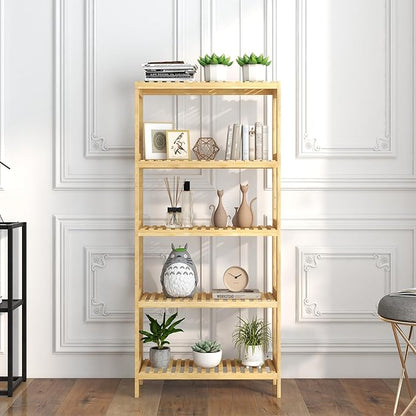 Bamboo Shelf,Bamboo Shelf Stand Utility Storage Shelf Multifunctional Bathroom Kitchen Living Room Holder Plant Flower Stand (5-Tier)