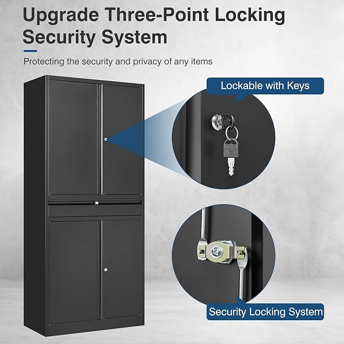 Black Metal Storage Cabinet with Lock, 71" Tall Garage Storage Cabinets with Doors and Shelves, Lockable Tool Caninet Steel Locking Cabnets File Cabinet for Home Office, Garage, Pantry