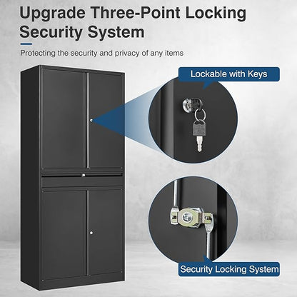 Black Metal Storage Cabinet with Lock, 71" Tall Garage Storage Cabinets with Doors and Shelves, Lockable Tool Caninet Steel Locking Cabnets File Cabinet for Home Office, Garage, Pantry