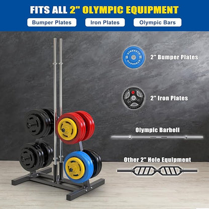 Kipika Weight Plate Tree Rack, Weight Holder for 2 inch Olympic Weight Plate & 2 Barbell Holders, Heavy Duty Bumper Plate Storage Organizer for Home Gym with Optional Wheels