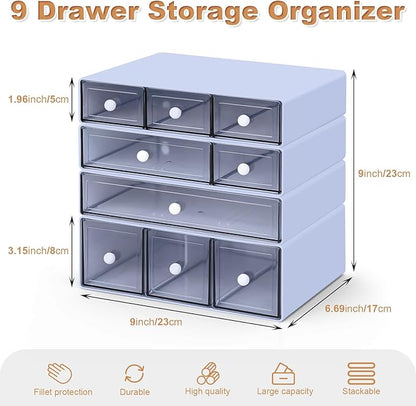Desk Organizer with 9 Drawers, 4 Tier Plastic Stackable Storage Drawers for Desk Storage, Office Stationary Makeup Organizer Suit for Home, Office and School