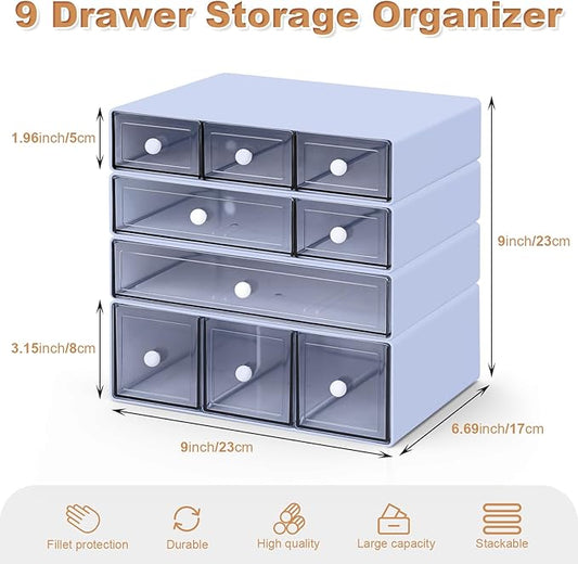 Desk Organizer with 9 Drawers, 4 Tier Plastic Stackable Storage Drawers for Desk Storage, Office Stationary Makeup Organizer Suit for Home, Office and School