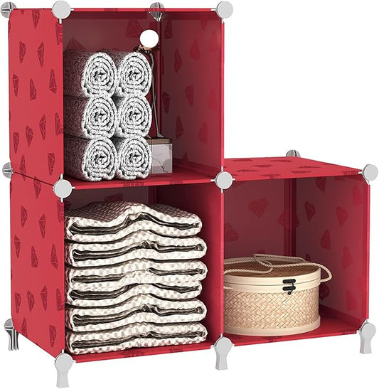 UNKU Cube Storage Organizer, 3 Cube Closet Organizer Storage Shelves, DIY Stackable Bookcase, Clothes Organizer Shelf for Closet, Bedroom, Living Room, Cabinet, Home, Office, Red