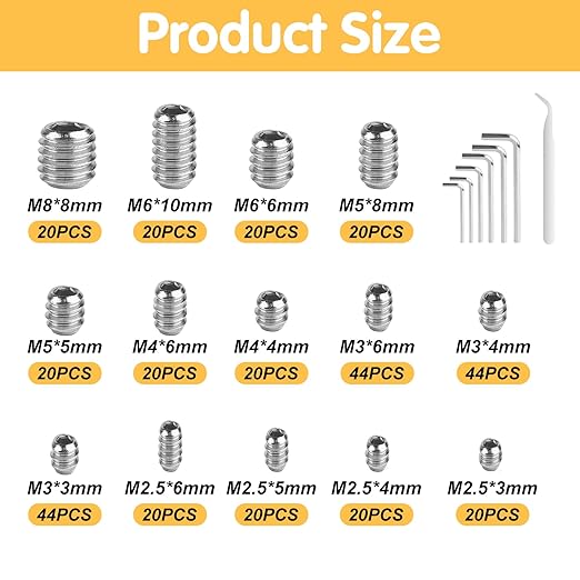 360 Pcs Allen Head Screws - Hex Socket Head, Grub Screw Set - M2.5/M3/M4/M5/M6/M8 Metric Stainless Steel Internal Hex Drive Cup-Point Screws Assortment Kit for Door Handles, Light Fixture