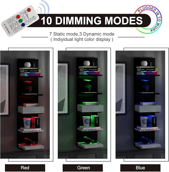 5-Tier Wall Shelf Unit with RGB Light, Floating Lack Shelf for Storage, Wall Mounted Vertical Display Shelf for Bedroom Living Room Vanity, Black
