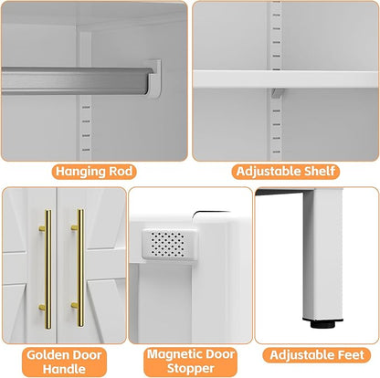 Aobabo Metal Wardrobe Cabinet with 1 Drawer, 71" H Metal Armoire Wardrobe Closet with 1 Adjustable Shelf and Hanging Rod for Home, Laundry Room, Office, Installation Required, White