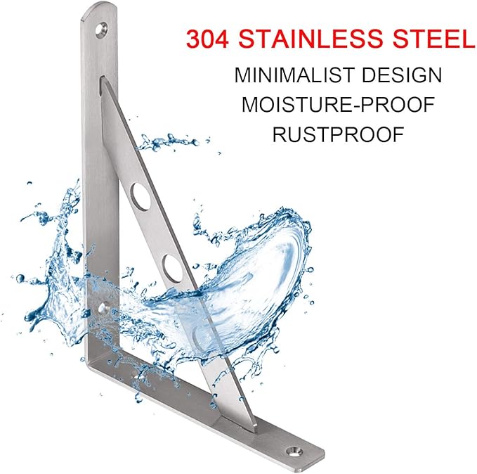 YUMORE Stainless Steel Shelf Bracket 10", Heavy Duty Solid Shelf Support Corner Brace Joint Right Angle Bracket, L Bracket with 2 S Hook, 2 Pack