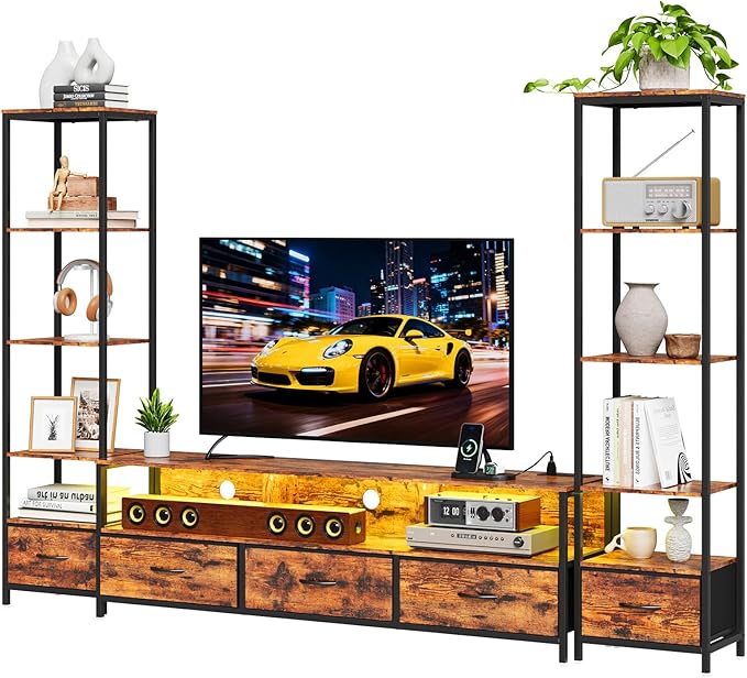 GarveeHome Entertainment Center, with 5 Fabric Drawer & 2 Bookshelf, TV Console Table with Shelf, LED & Power Outlets, for Home Office
