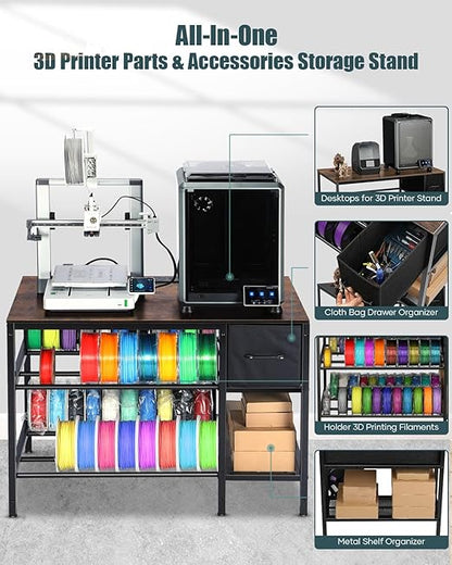 3D Printer Table with Filaments Storage - 3D Printer Stand Filament Storage Rack Heavy Duty 3D Printer Desk with Drawer for Workshop Studio Office (Brown)