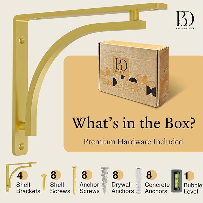 Classic Brass Heavy Duty Shelf Brackets 8 inch by Balin Designs – Gold L Bracket, Wall Mounted Support, Shelving Metal Bracket, Decorative Shelf Brackets, with Hardware Included, Set of 4