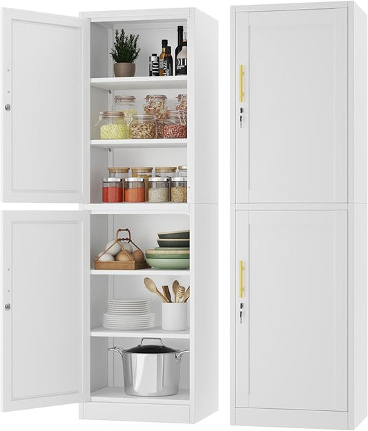 Metal Storage Cabinet with Lock 2 Doors and Shelves, Steel File Cabinets, Kitchen Pantry Cabinet Locker Organizer - 67" Tall Locker Storage Cabinets for Kitchen,Bathroom,Bedroom,Office