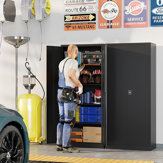 Metal Garage Storage Cabinets with Lock, 72" Tall Tool Cabinet with 2 Door and 4 Adjustable Shelves, Locking Garage Cabinets and Lockable Steel Locker for Home Office Warehouse - (Black-72”H)