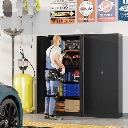 Metal Garage Storage Cabinets with Lock, 72" Tall Tool Cabinet with 2 Door and 4 Adjustable Shelves, Locking Garage Cabinets and Lockable Steel Locker for Home Office Warehouse - (Black-72”H)
