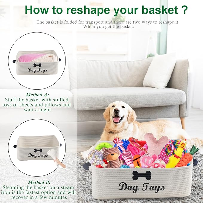 Dog Toy Basket-100% Cotton Rope Dog Toy Bin for Living Room Area-Trapezoid Pet Toys Box with Sturdy Handle-Puppy Bed-Dog Stuff Organizer for Toys,Collar,Leash,Blanket-Chew Proof-Beige