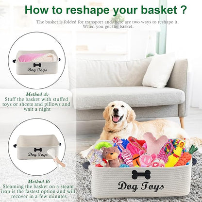 Dog Toy Basket-100% Cotton Rope Dog Toy Bin for Living Room Area-Trapezoid Pet Toys Box with Sturdy Handle-Puppy Bed-Dog Stuff Organizer for Toys,Collar,Leash,Blanket-Chew Proof-Beige
