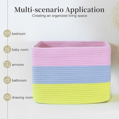 Hopegiver Rainbow Storage Baskets 15x11x9 IN, Colorful Cotton Rope Toy Storage Bins with Handles, Nursery & Kids Playroom Organizer