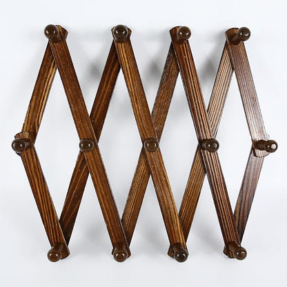 AMAPON Accordion Style Expandable Wall Wooden Coat Rack 13 Hooks (Pegs) Hang Hats Jackets Coffee Mug Purses Necklaces Towels Cap Leash Scarves Data Line Kitchenware (Walnut 2 Packs)