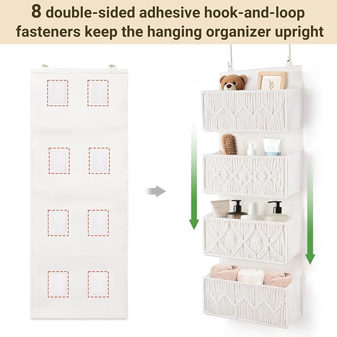 Dahey Over The Door Organizer Macrame Boho Nursery Storage Decor with 4 Large Woven Pockets Closet Behind Hanging Organizer for Bedroom Nursery Bathroom Apartments Dorm Pantry Decoration,White