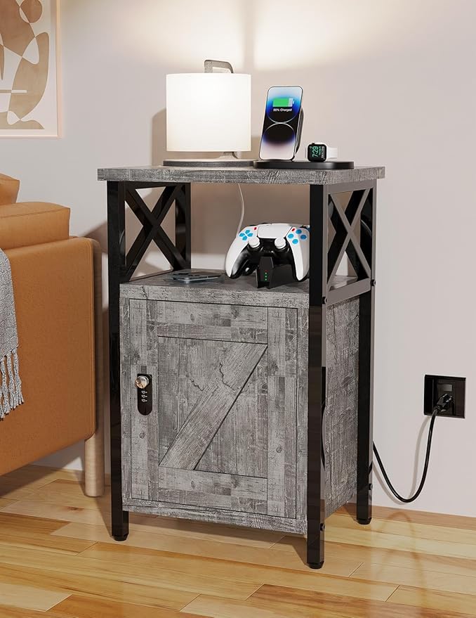 Wooden Nightstand with Lock, Bed Side Table with Drawers, Bedside Table with Charging Station, 3 USB & 2 Outlets, Night Stand with Cabinet Storage, End Tables for Bedroom, Ash Grey