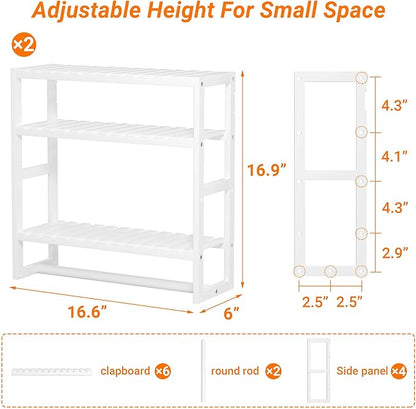 Towel Rack Bathroom Storage Shelves Over The Toilet with Towel Bar 100% Bamboo Adjustable Height Floating Shelf Wall Shower Shelf for Small Space Bathroom Kitchen Multi Usage (White-2Pack)