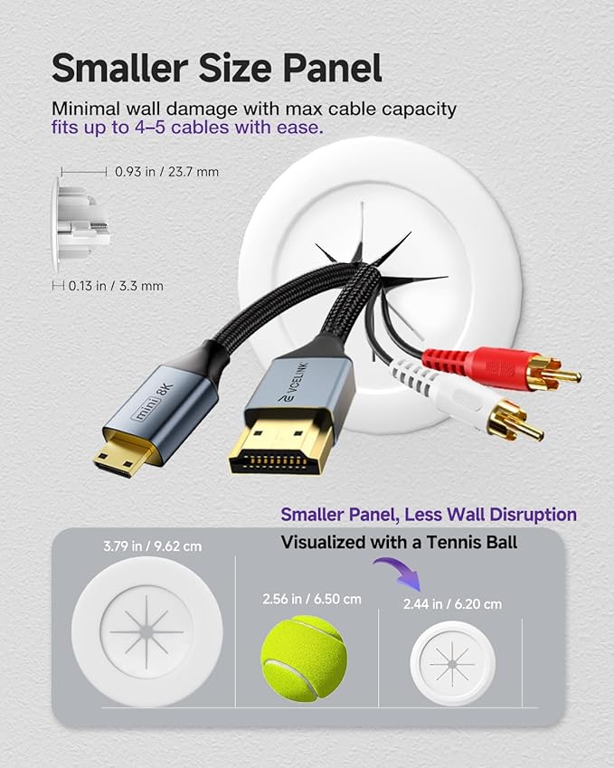 VCELINK in-Wall Cable Management Kit, 2.44" (62 mm) Mini Wall Cord Hider for TV/Coaxial/HDMI/Speaker Cords, Includes 2 Pass Throughs, Locking Brackets and Hole Saw Drill Attachment