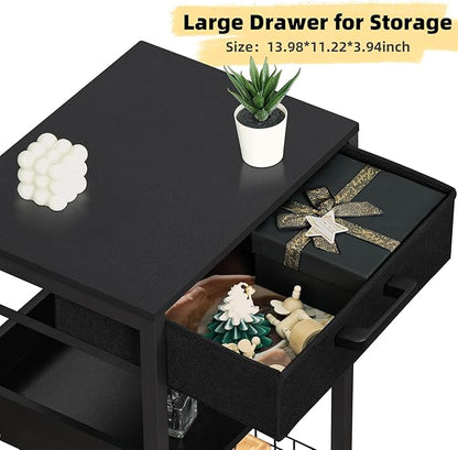 Lerliuo Pure Black Printer Table with Fabric Drawer,3 Tier Industrial Wood Printer Stand with Storage Shelf,Modern Tall End Table,Nightstand,Bed Side Tables for Scanner Fax Home Office Small Spaces