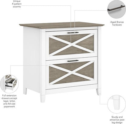 Bush Home Key West 2 Drawer Lateral File Cabinet in Pure White and Shiplap Gray, Document Storage for Home Office, Accent Chest with Drawers