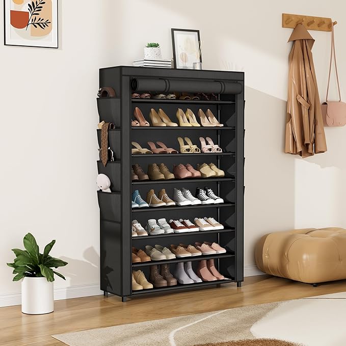 Shoe Rack with Cover, 8 Tier Tall Shoe Organizer Storage for 36-45 Pair Shoes and Boots Large Shoe Storage Shelf Free Standing Shoe Rack for Closet, Front Door Entrance, Dorm, Garage