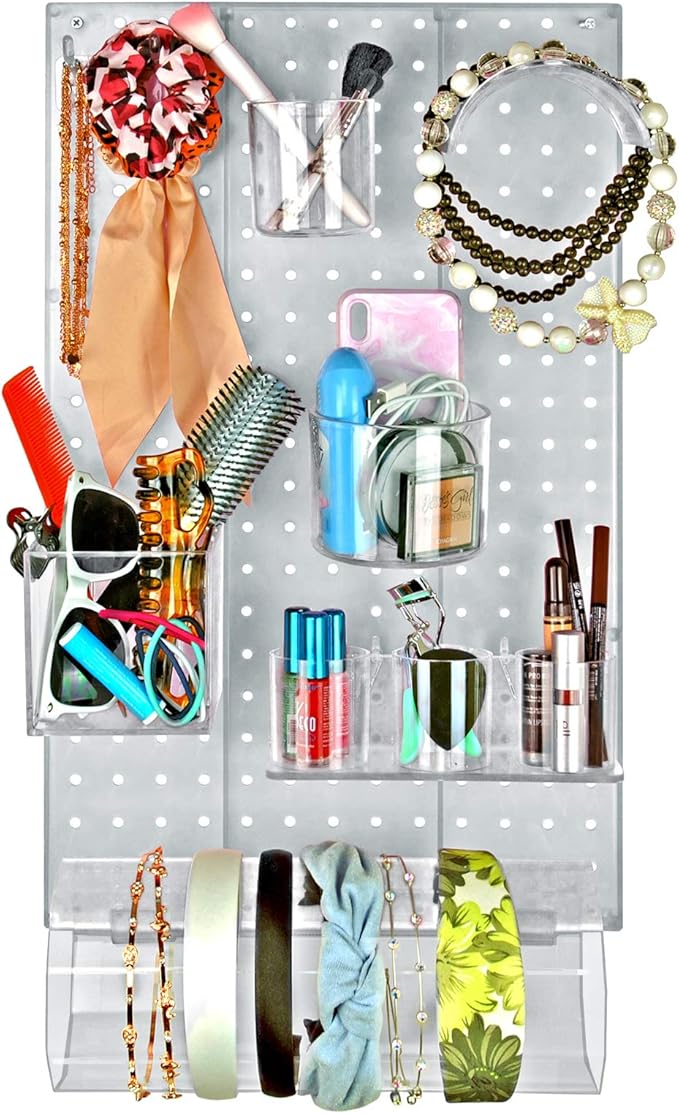 Azar Displays 900940-CLR The DIY Multi-Purpose 10-Piece Pegboard Wall Organizer Kit with One Panel and Accessory Assortment: Hooks, Bins, Headband Holder, Cylinder and Cups. Peg Wall Storage System