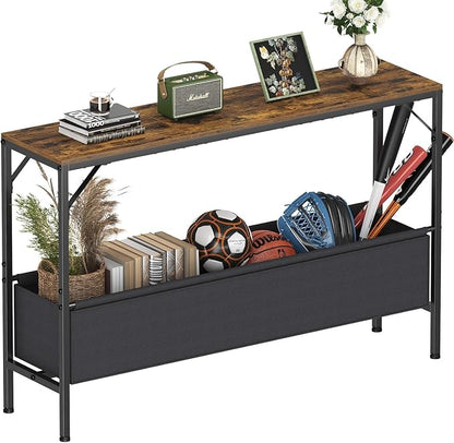47.2'' Console Table, 9.5" D Entryway Table with Storage Basket, Narrow Sofa Table, Behind Couch Table for Hallway, Foyer, Corridor, Living Room, Rustic Brown