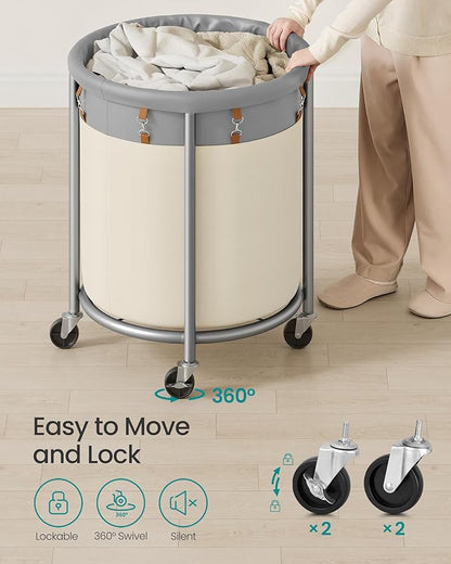 SONGMICS 50.2-Gallon (190 L) Laundry Basket with Wheels, Rolling Round Heavy-Duty Laundry Hamper Cart with Steel Frame and Removable Bag, 2 Locking Wheels, Dove Gray and Cream White URLS001GD02