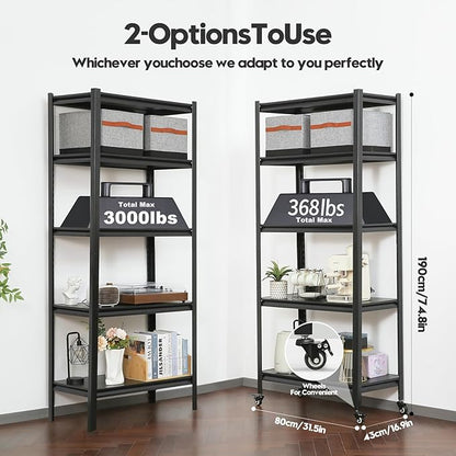 5-Tier Heavy Duty Storage Shelves with Lockable Casters - 3000LBS Capacity with No-Sag Aluminum Boards, Commercial Storage Rack for Garage, Warehouse, Kitchen, 72" Hx31.5 Wx17 D