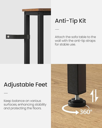 62.99" Narrow Console Table with Power Outlet 7.1" Skinny Sofa Long Behind Couch Table with Charging Station for Hallway, Living Room Rustic Brown and Black TXG16UBF