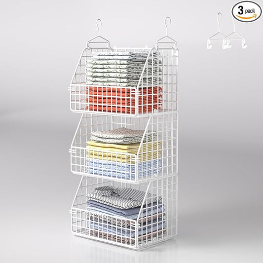 Hanging Closet Organizer and Storage, Clothes Hanging Shelves Wire Baskets for Clothing Sweaters Purse Handbags Shoes White 3 Tier
