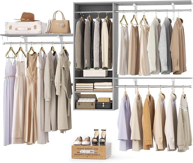Cyclysio 96 Inch Closet System, 8 FT Hanging Closet Organizer System, Walk in Closet System with 4 Adjustable Rods and 3 Shelving Towers for 4-8FT Spaces(Cut-to-Fit), Gray