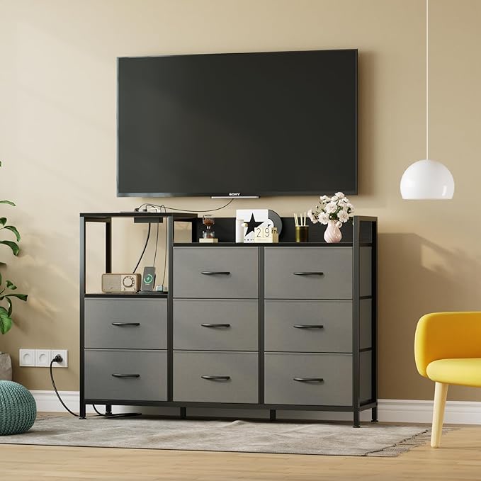 DUMOS TV Stand Dresser with 8 Fabric Drawers & Open Shelves, TV Stand for Up to 45 inch TV with Wooden Top, Entertainment Center with Charging Station for Living Room, Hallway, Grey