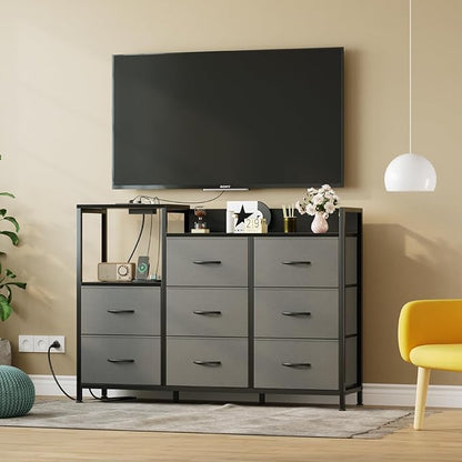 DUMOS TV Stand Dresser with 8 Fabric Drawers & Open Shelves, TV Stand for Up to 45 inch TV with Wooden Top, Entertainment Center with Charging Station for Living Room, Hallway, Grey