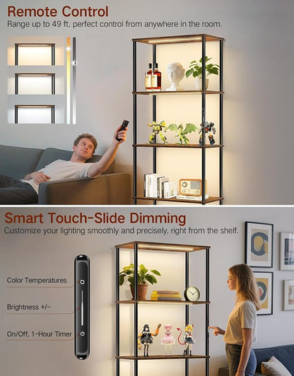 5 Tier Bookshelf with LED Light, Dimmable Bookcase with Touch & Remote Control, 3 Color Temperatures, Tall Modern Display Standing Shelf for Living Room, Bedroom, Home Office (Rustic Brown)