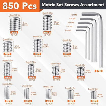1400 Pcs 26 Size Set Screw Kit Metric&SAE Set Screw Assortment Kit 304 Stainless Steel Head Socket Hex Metric Set Screws Kit Cup-Point Screws (M3-M8, 1/8"-40 to 5/16"-18)