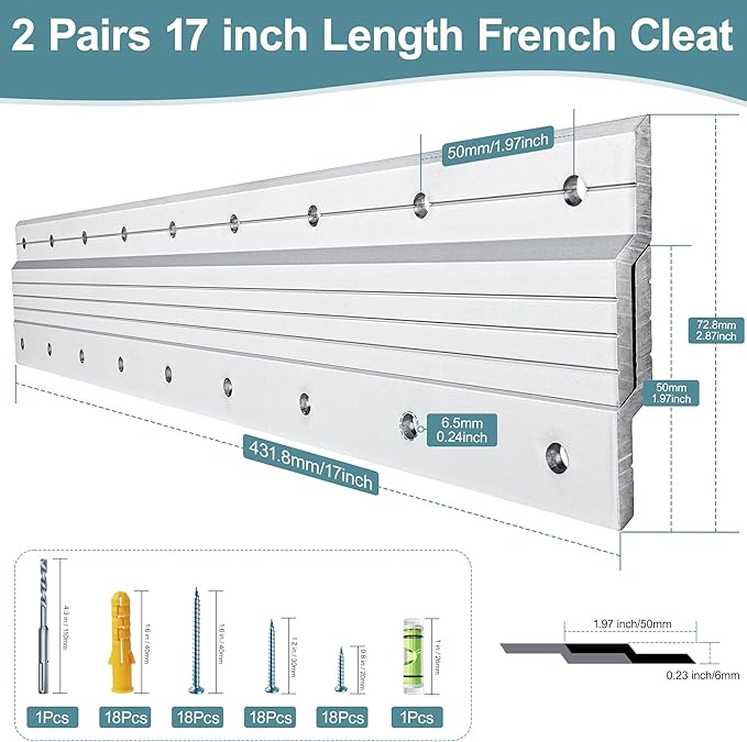 17 inch Z Clips French Cleat Hanger, 2 Pairs Heavy Duty Aluminum Picture Hanger, Interlocking Wall Mounting Hardware Kit for Mirrors, Picture, Poster, Floating Shelves, Whiteboard, Art, Frames
