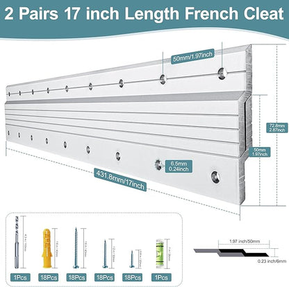 17 inch Z Clips French Cleat Hanger, 2 Pairs Heavy Duty Aluminum Picture Hanger, Interlocking Wall Mounting Hardware Kit for Mirrors, Picture, Poster, Floating Shelves, Whiteboard, Art, Frames