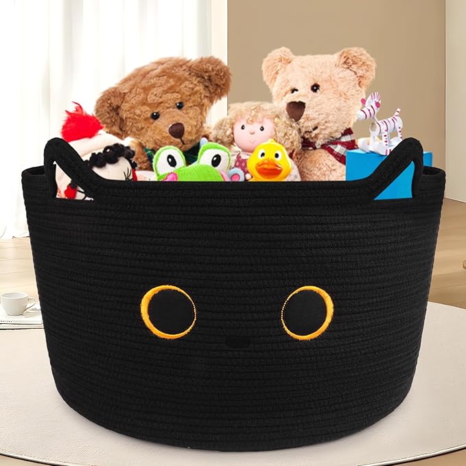 Large Black Cat Basket for Nursery, Cute Cat Woven Laundry Blanket Cotton Rope Extra Storage Basket with Handles, 0rganize Decorative Gifts for Towels Pillow Clothes Hamper Toy Bin,23"D×13"H